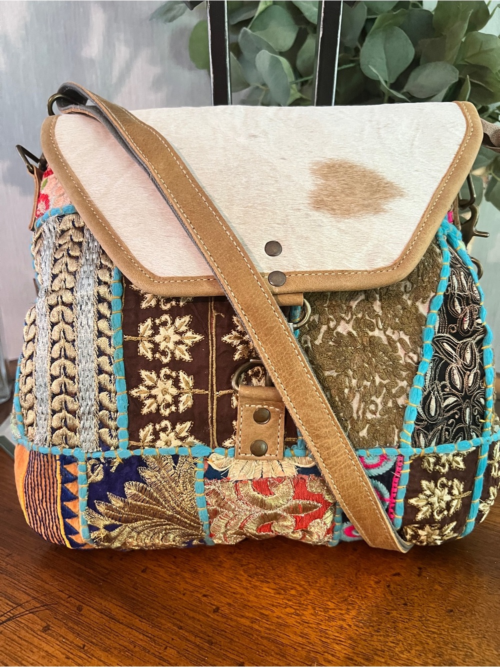 New Boho Hippy Patch Work, Cowhide Crossbody Handbags 13”x12”
